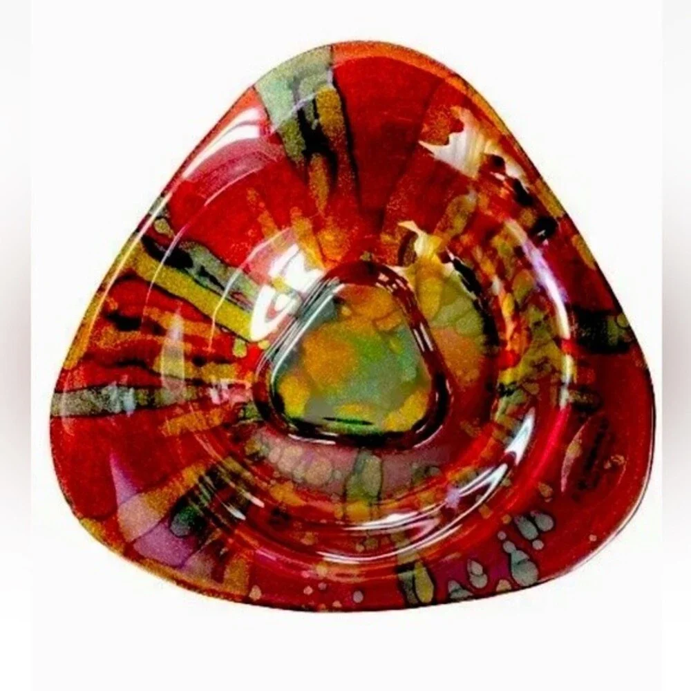 Italian Art Glass 8” Triangle Bowl Glitter Bottom Colorful Swirl IL Quadrifoglio